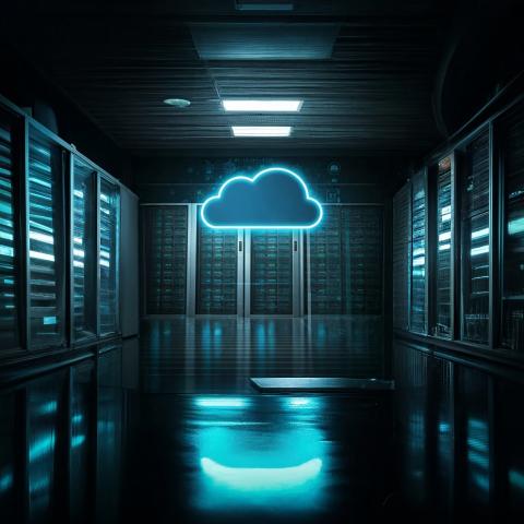 Dark technology room with overhanging cloud